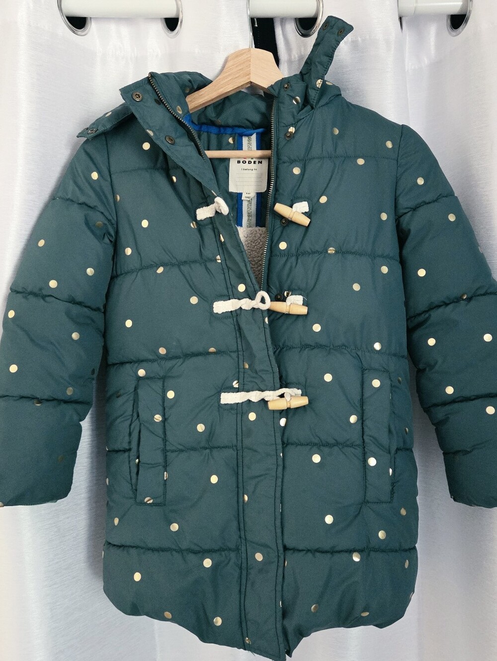 Mini Boden 8-9 yr Winter Coat Green with Gold polka dots